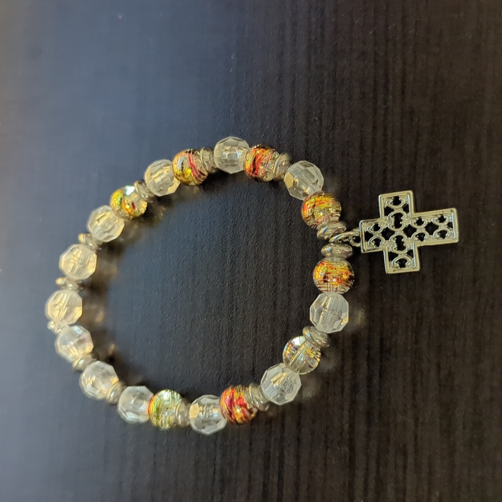 Clear and Orange Cross Stretch bracelet